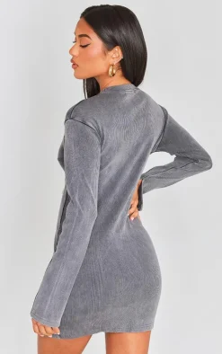 Charcoal Ribbed Exposed Seam Long Sleeve Bodycon Dress
