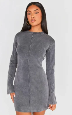 Charcoal Ribbed Exposed Seam Long Sleeve Bodycon Dress