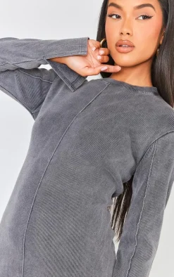 Charcoal Ribbed Exposed Seam Long Sleeve Bodycon Dress