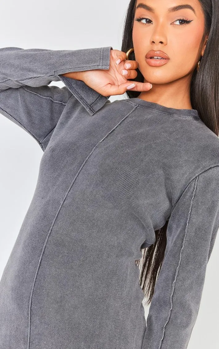 Charcoal Ribbed Exposed Seam Long Sleeve Bodycon Dress