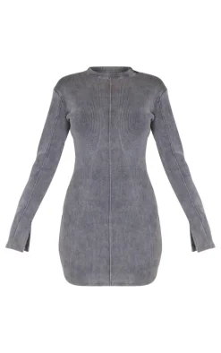 Charcoal Ribbed Exposed Seam Long Sleeve Bodycon Dress