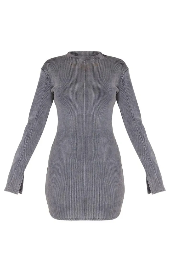 Charcoal Ribbed Exposed Seam Long Sleeve Bodycon Dress