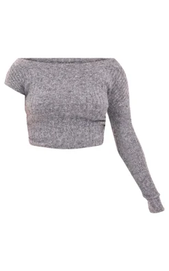 Charcoal Ribbed Knit One Sleeve Ruched Side Top