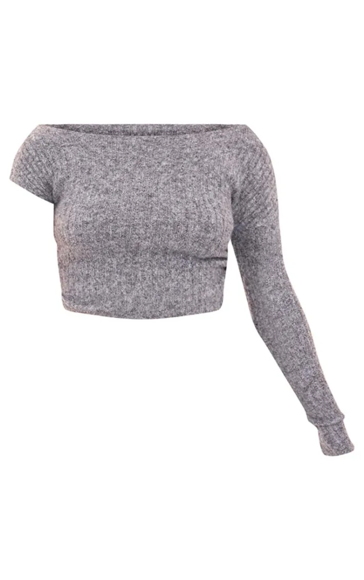 Charcoal Ribbed Knit One Sleeve Ruched Side Top