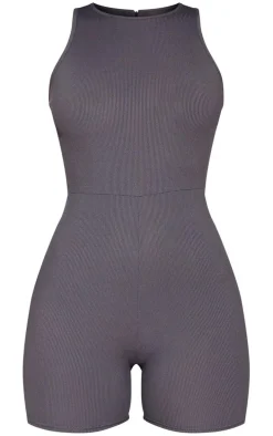 Charcoal Ribbed Racer Neck Unitard