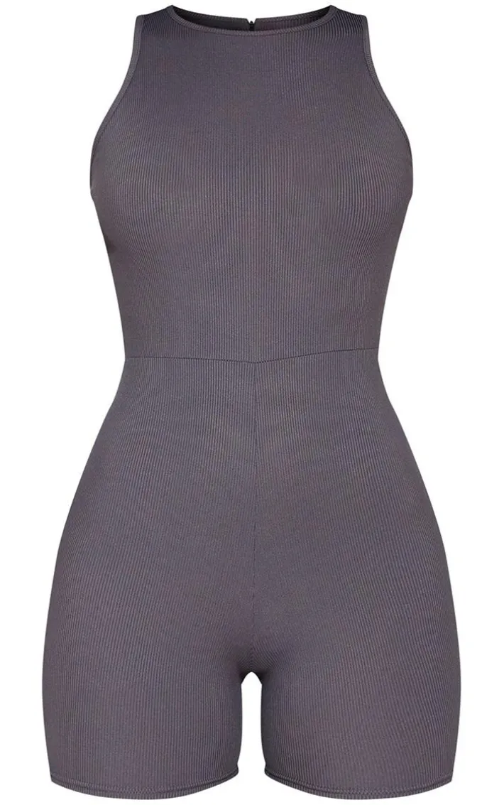 Charcoal Ribbed Racer Neck Unitard