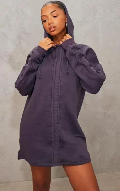 Charcoal Ruched Hooded Sweater Dress