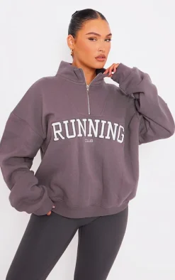 Charcoal Running Embroidered Zip Up Sweatshirt