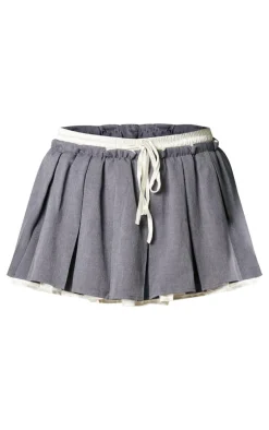 Charcoal Satin Double Waistband Detail Tailored Woven Pleated Mini Skirt
