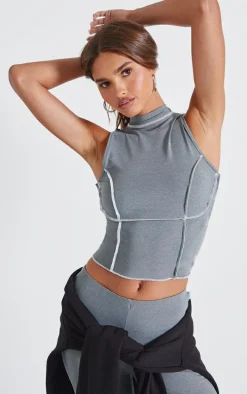 Charcoal Seam Detail High Neck Sleeveless Long Top