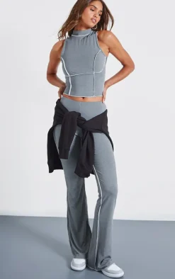 Charcoal Seam Detail High Neck Sleeveless Long Top