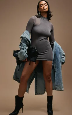 Charcoal Sheer Knit Racer Lined Long Sleeve Dress