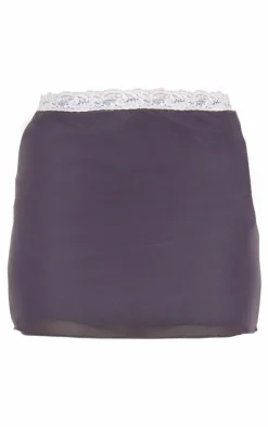 Charcoal Sheer Mesh Lace Trim Low Rise Micro Mini Skirt