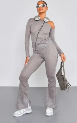 Charcoal Sheer Soft Rib Mid Rise Flared Pants