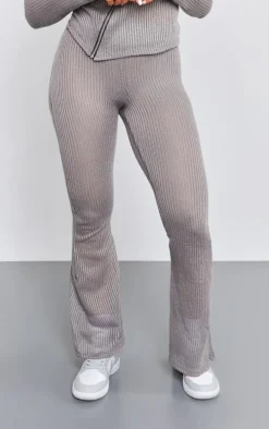 Charcoal Sheer Soft Rib Mid Rise Flared Pants