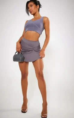 Charcoal Side Ruched Buckle Detail Mini Skirt