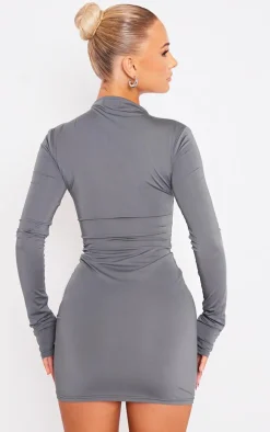 Charcoal Slinky Cut Out High Neck Long Sleeve Bodycon Dress