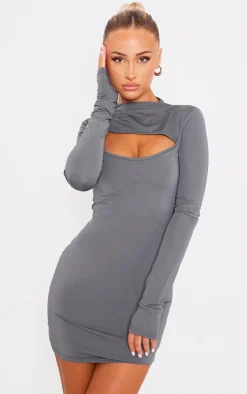 Charcoal Slinky Cut Out High Neck Long Sleeve Bodycon Dress
