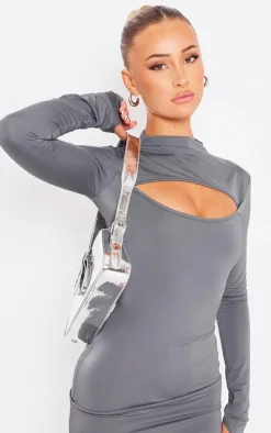 Charcoal Slinky Cut Out High Neck Long Sleeve Bodycon Dress