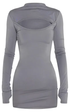 Charcoal Slinky Cut Out High Neck Long Sleeve Bodycon Dress