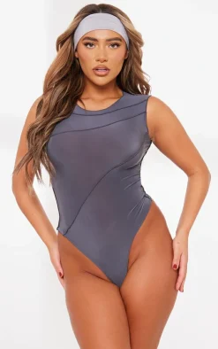 Charcoal Slinky Exposed Seam Sleeveless Bodysuit