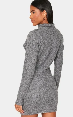 Charcoal Slouchy Ruched Detail High Neck Bodycon Dress