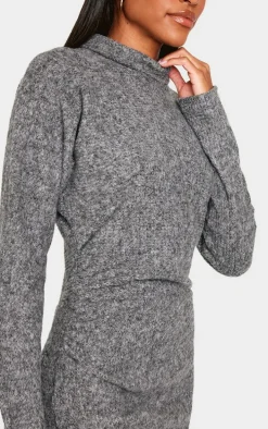 Charcoal Slouchy Ruched Detail High Neck Bodycon Dress