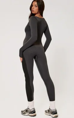 Charcoal Snatched Rib Contrast Panel Long Sleeve Jumpsuit