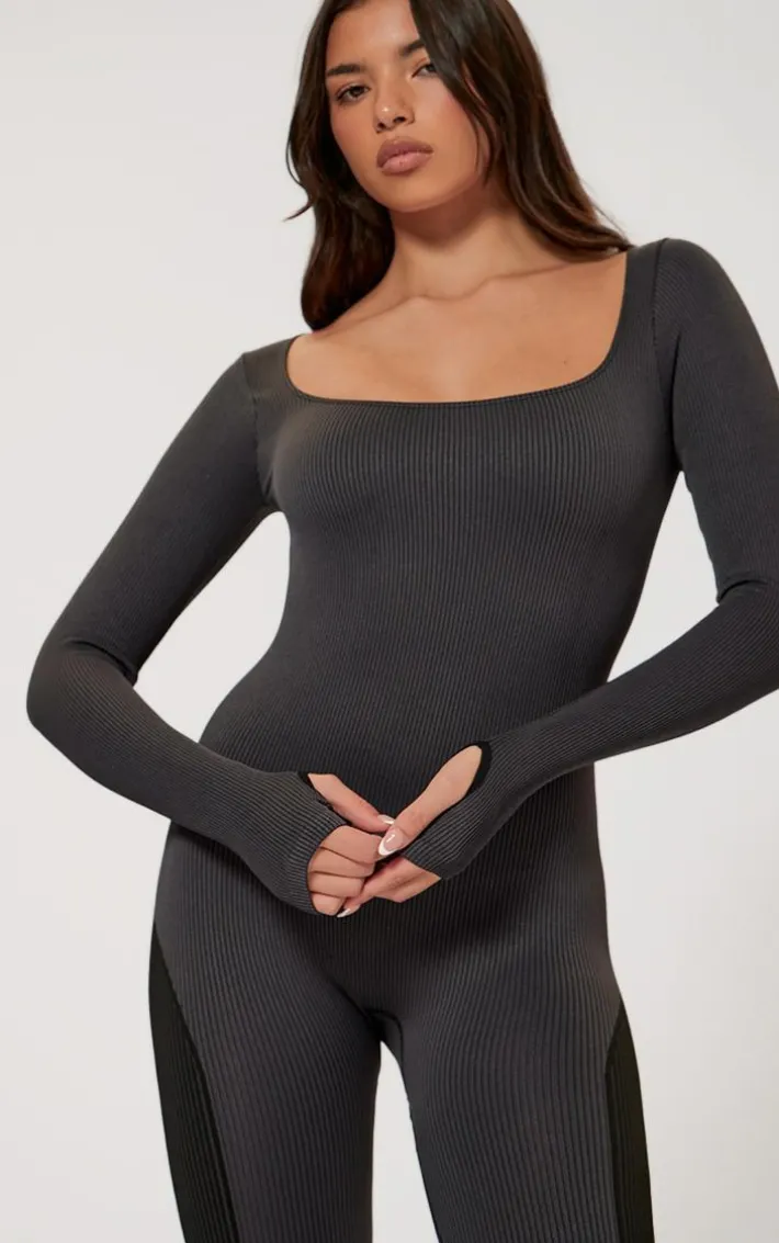 Charcoal Snatched Rib Contrast Panel Long Sleeve Jumpsuit