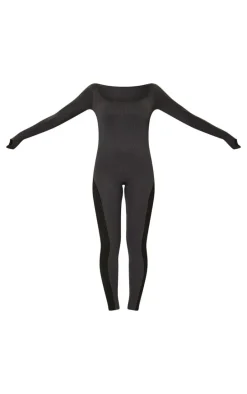 Charcoal Snatched Rib Contrast Panel Long Sleeve Jumpsuit