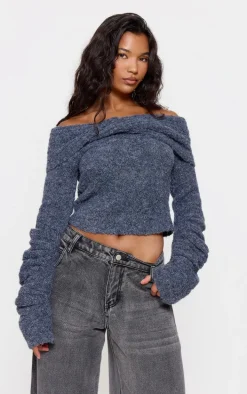 Charcoal Soft Bobble Knit Bardot Foldover Top