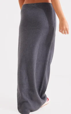 Charcoal Soft Brushed Rib Drawstring Waist Maxi Skirt