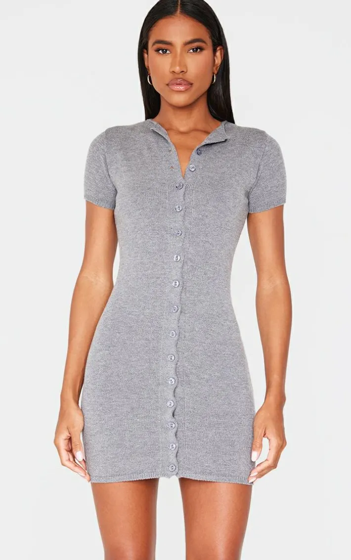 Charcoal Soft Knit Button Through Mini Dress