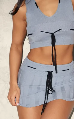 Charcoal Soft Knit Contrast Tie Plunge Crop Top