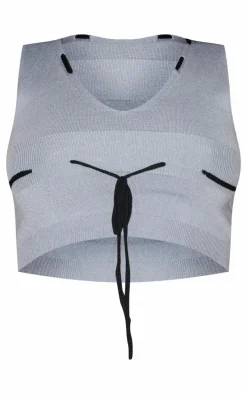 Charcoal Soft Knit Contrast Tie Plunge Crop Top