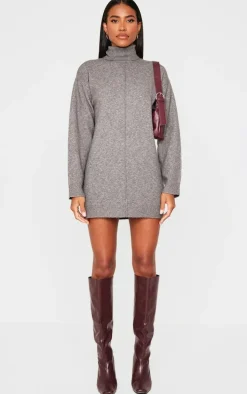 Charcoal Soft Knit Roll Neck Oversized Seam Detail Sweater Dress