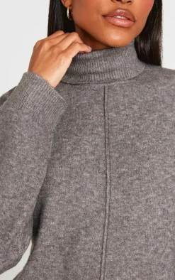 Charcoal Soft Knit Roll Neck Oversized Seam Detail Sweater Dress