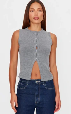Charcoal Soft Knitted Button Through Vest