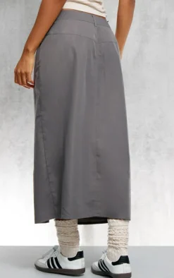 Charcoal Soft Peached Woven Split Front Midi Skirt