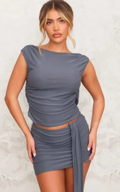 Charcoal Soft Touch Backless Side Ruched Top