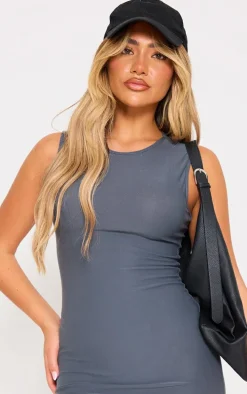 Charcoal Soft Touch Racer Neck Sleeveless Midaxi Dress