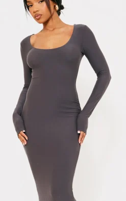 Charcoal Soft Touch Scoop Neck Long Sleeve Midaxi Dress