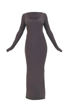 Charcoal Soft Touch Scoop Neck Long Sleeve Midaxi Dress