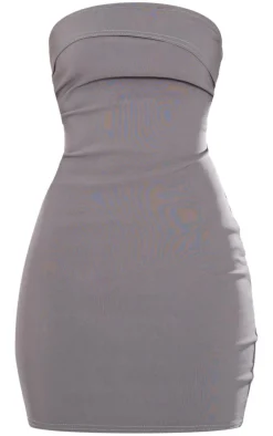 Charcoal Stretch Woven Bandeau Fold Over Detail Bodycon Dress