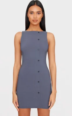 Charcoal Stretch Woven Button Down Shift Dress