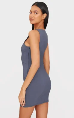 Charcoal Stretch Woven Button Down Shift Dress