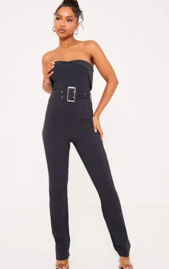 Charcoal Stretch Woven Fold Over Bandeau Belted Jumpsuit