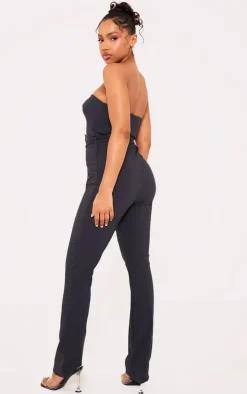 Charcoal Stretch Woven Fold Over Bandeau Belted Jumpsuit