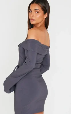 Charcoal Stretch Woven Fold Bardot Wrap Dress