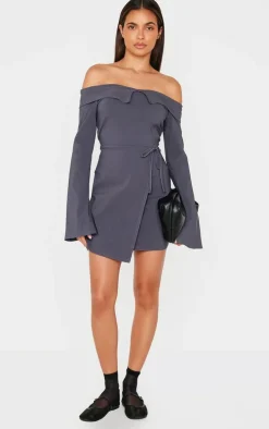 Charcoal Stretch Woven Fold Bardot Wrap Dress